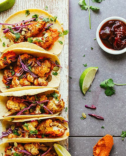 Roasted Cauliflower Tacos with Chipotle Romesco