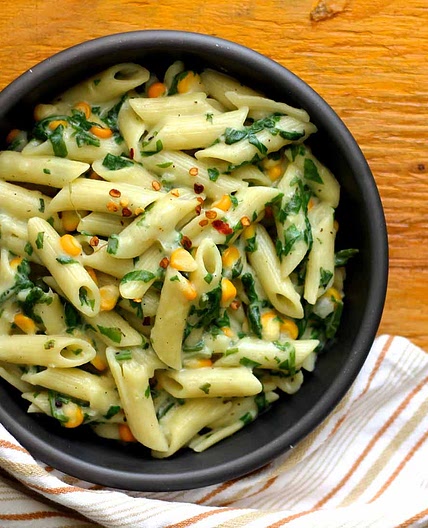 Spinach Corn Pasta Recipe In Creamy White Sauce
