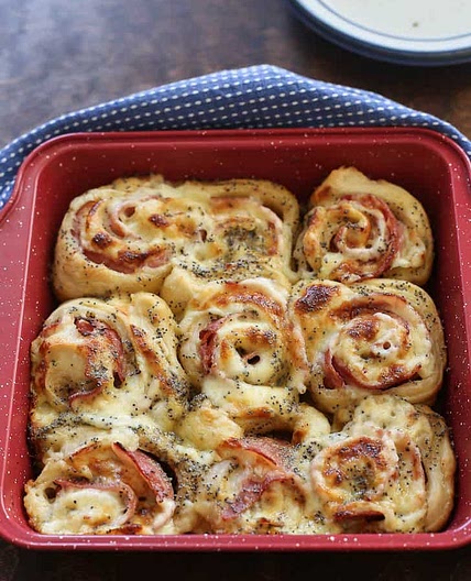 Baked Ham and Cheese Rolls with Honey Mustard Sauce