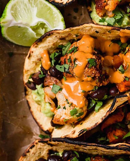 Roasted Sweet Potato & Cauliflower Tacos with Chipotle Cashew Crema