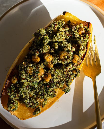 Pesto Quinoa and Chickpea Stuffed Spaghetti Squash