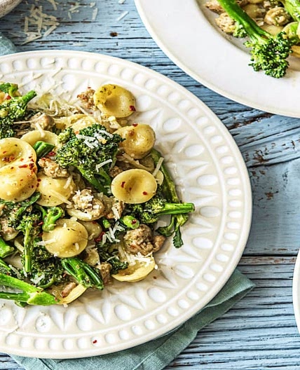 "Little Ears" Pasta with Italian Pork Sausage, Baby Broccoli, and Pesto