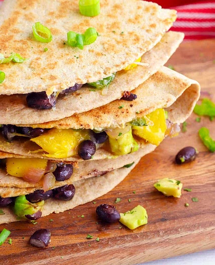 Avocado Quesadillas with Poblanos, Mangos, and Black Beans