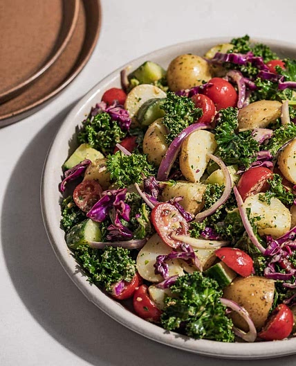 Healthy Potato Salad with Kale, Tomatoes, and a Lemony Basil Pesto Dressing