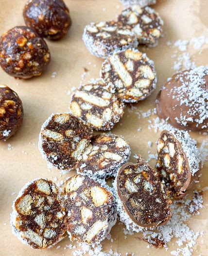 No Bake Chocolate Covered Coconut Biscuit Date Balls