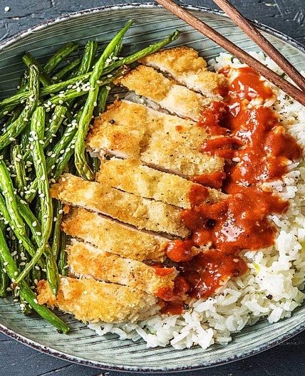 Japanese Panko Chicken with Sesame Green Beans and Tonkatsu-Style Sauce