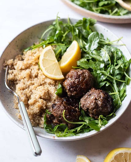 Greek Beef Meatballs with Quinoa and Arugula Salad