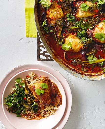 Coconut and Garam Masala Chicken Tray Bake with Roasted Broccoli and Kale