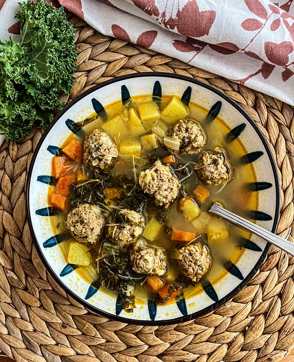 Chicken Meatball Soup with Kale and Rice Noodles