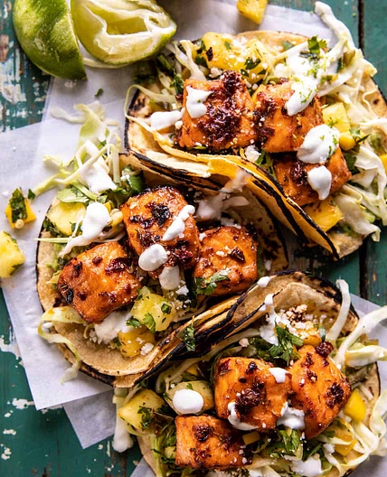 Sheet Pan Chipotle Salmon Tacos with Pineapple Jalapeño Salsa