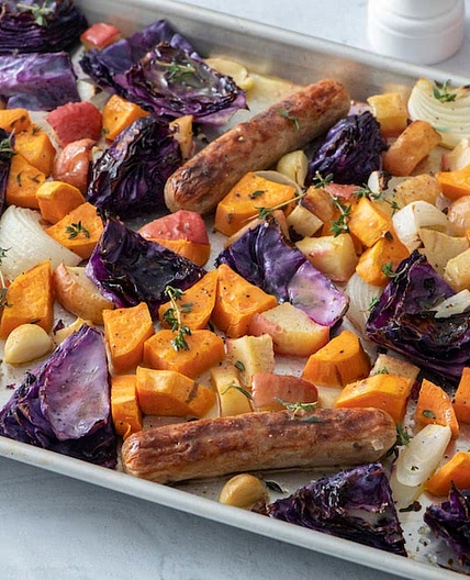 Sheet Pan Sausage with Cabbage and Apples