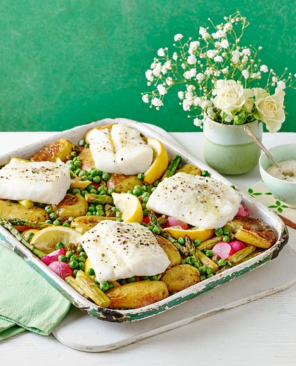 Roast potato, radish and cod traybake recipe