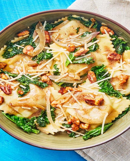 Mushroom Ravioli with Kale & Walnuts in a Brown Butter Crème Fraîche Sauce