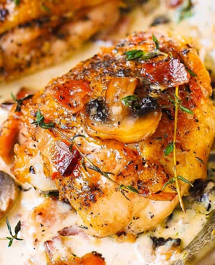 Chicken Thighs with Creamy Bacon Mushroom Thyme Sauce