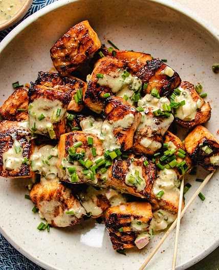 Air fryer salmon bites recipe (with creamy caper chive sauce)