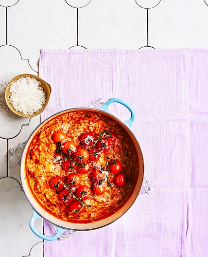 We've used a secret hack in this delicious roasted tomato and basil risotto recipe 🍅