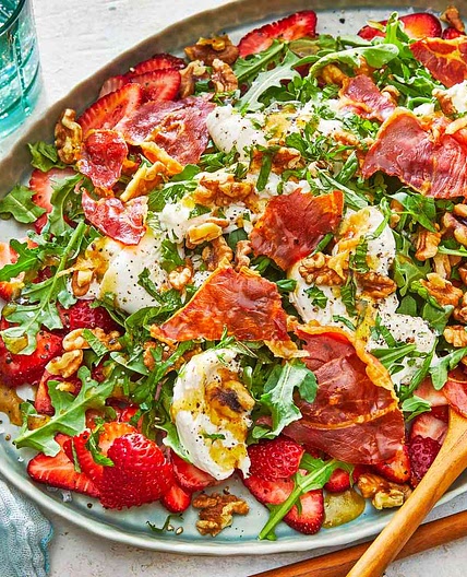Crispy Prosciutto, Strawberry, And Burrata Salad With Maple-Balsamic Vinaigrette
