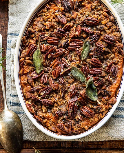 Bourbon Sweet Potato Casserole with Sweet ‘n’ Savory Bacon Pecans