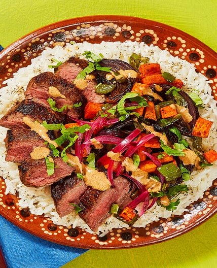 Kickin’ Chipotle Steak Bowls with Roasted Veggies and Pickled Red Onion