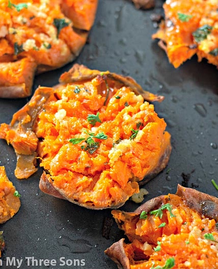 Garlic Butter Smashed Sweet Potatoes