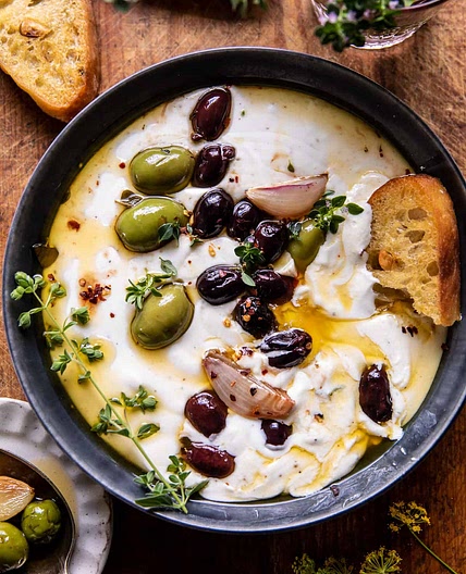 Honey Whipped Feta with Garlic Herb Roasted Olives