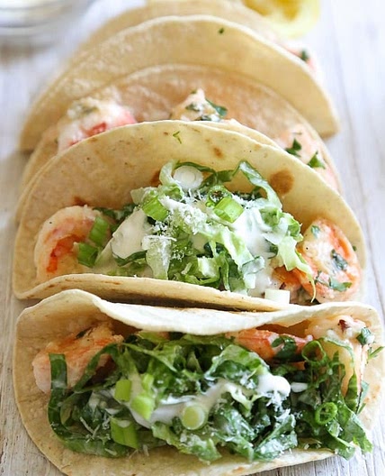 Shrimp Scampi Tacos with Caesar Salad Slaw