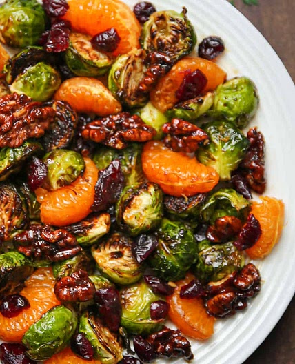 Roasted Brussels Sprouts with Mandarin Oranges, Walnuts, Cranberries, and Balsamic Glaze