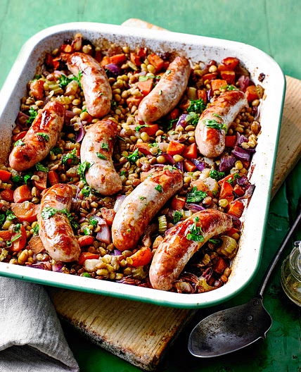 Green lentil and sausage traybake - the recipe to make when you need nutrients