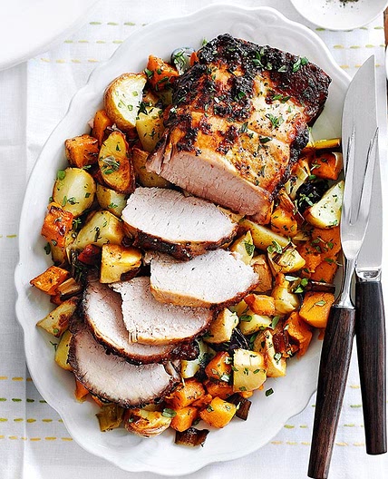 Roast lemon and mustard pork with one-pan vegetables
