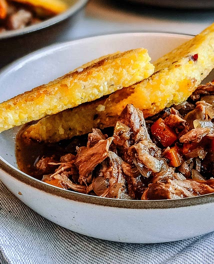 Slow cooker beef shanks with crispy polenta triangles