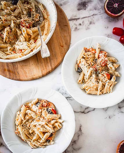 Baked feta pasta with blood oranges and kalamata olives