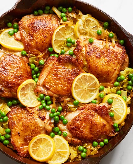 One-Pan Crispy Chicken With Turmeric-Lemon Cabbage and Peas