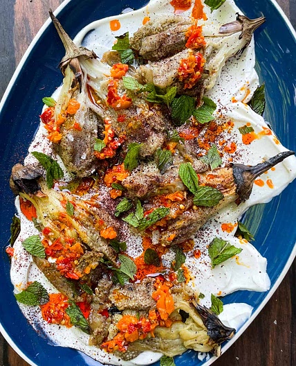 Grilled Eggplant with Whipped Feta, Sumac and Mint