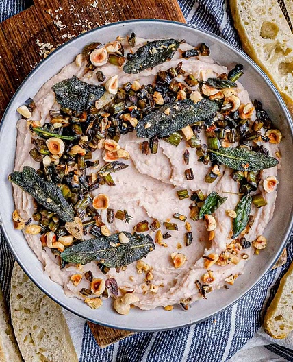 Garlicky White Bean Dip with Kale Stems, Sage & Hazelnut