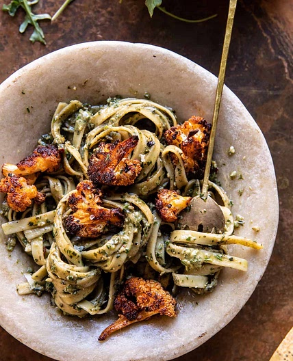 Crispy Roasted Cauliflower with Creamy Pesto Pasta
