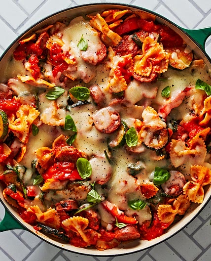 Summer Bowtie Pasta and Chicken Sausage Skillet Bake