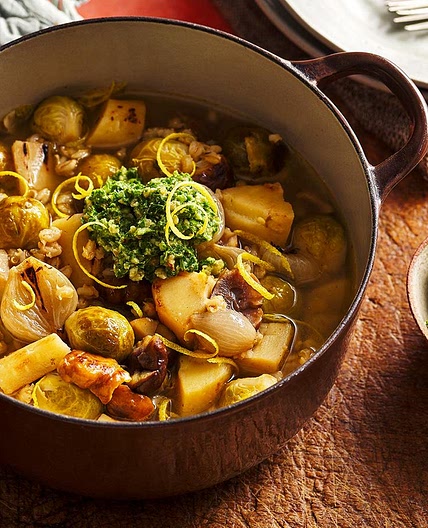 Parsnip, sprout and chestnut hotpot with cider and sprout top pesto
