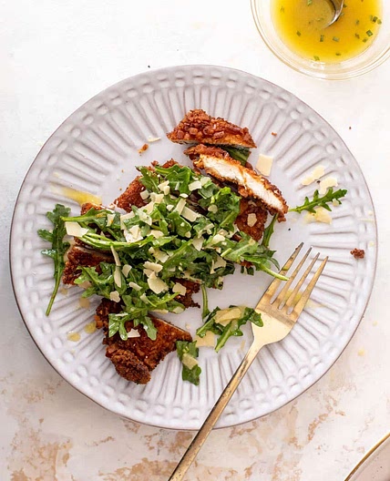Pretzel Crusted Chicken with Honey Mustard Arugula