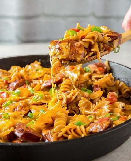 One Pan Cheesy Smoked Sausage Pasta Skillet
