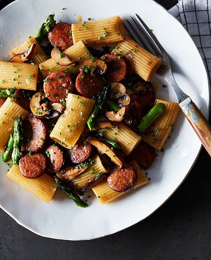 Rigatoni with Chorizo, Wild Mushrooms and Asparagus