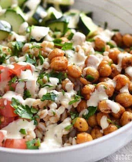 Mediterranean Farro Salad with Spiced Chickpeas