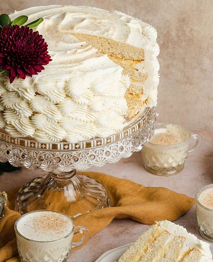 Eggnog Spice Cake with Bourbon Custard Filling and Eggnog Buttercream