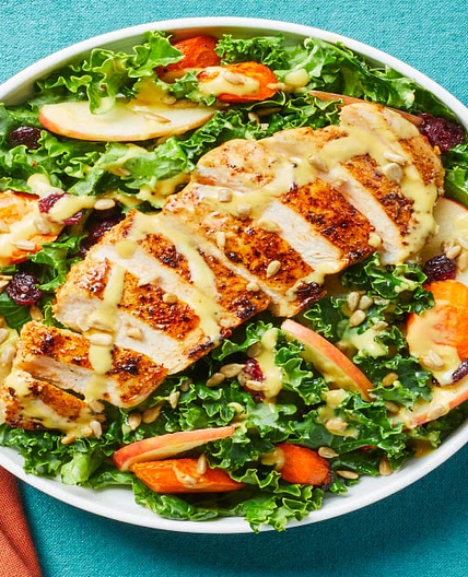 Brown Sugar Bourbon Chicken Salad with Kale, Apple, Roasted Carrots, Sunflower Seeds & Honey Dijon Dressing