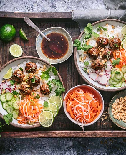 Rice Bowls with Baked Vietnamese-style Meatballs
