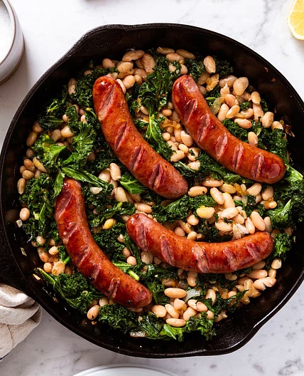 Skillet Sausage with White Beans & Kale