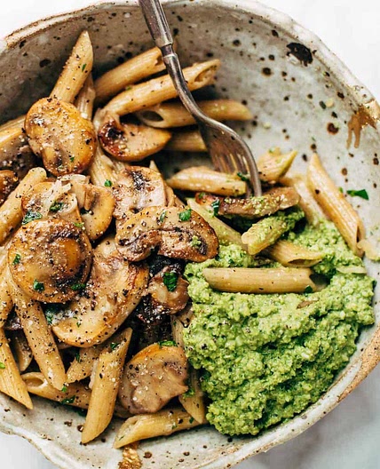 Simple Mushroom Penne with Walnut Pesto