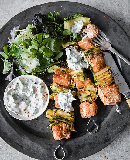 Paprika & Lime Salmon Kebabs With Herby Coconut Yoghurt