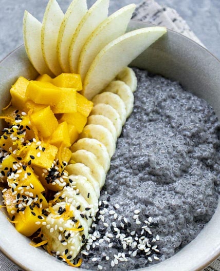 Chia Pudding, Black Sesame Milk, Mango