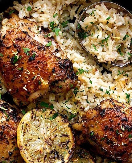 One Pot Greek Chicken and Lemon Rice