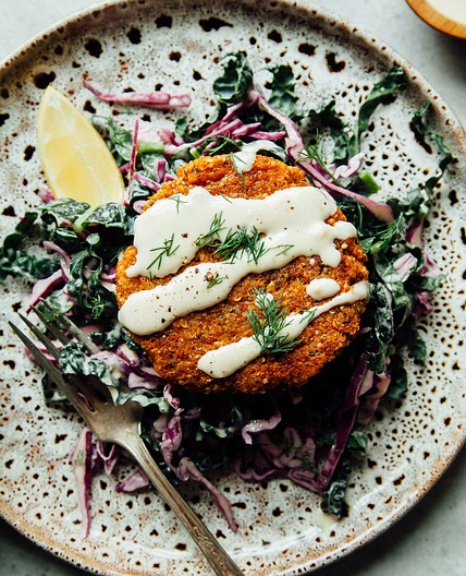 Sweet Potato Cake Patties with Lemony Slaw